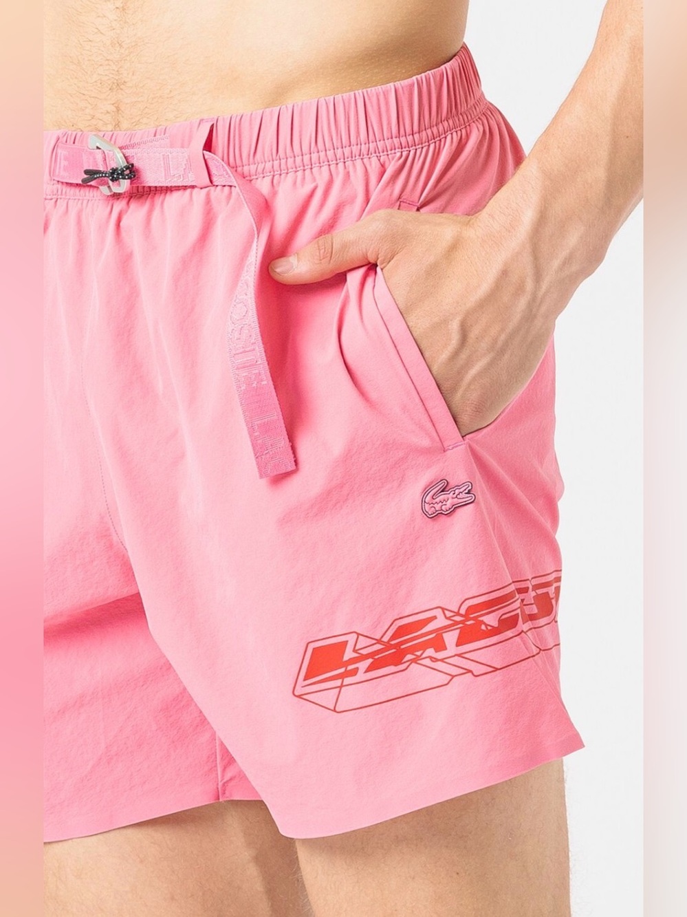 Lacoste Men’s Swim Trunks Logo in Pink Size Small
